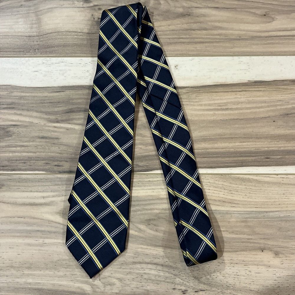 US Polo Assn Mens Tie Navy Blue Yellow White Plaid Grid Stripe Hand Made RN13185